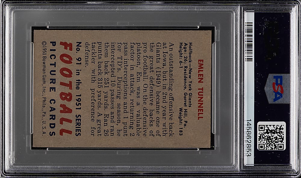 1951 Bowman Football #91 Emlen Tunnell Rookie PSA VG-EX 4