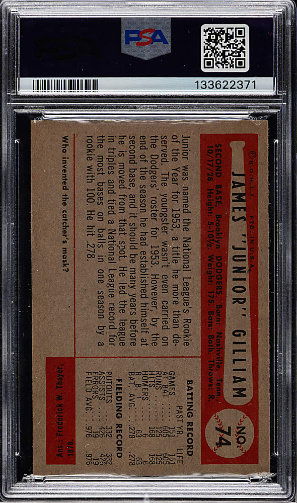 1954 Bowman #74 James Gilliam PSA NM-MT 8