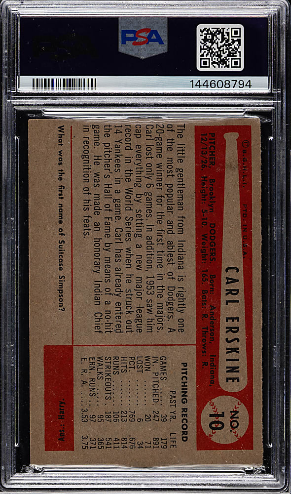 1954 Bowman #10 Carl Erskine PSA NM 7