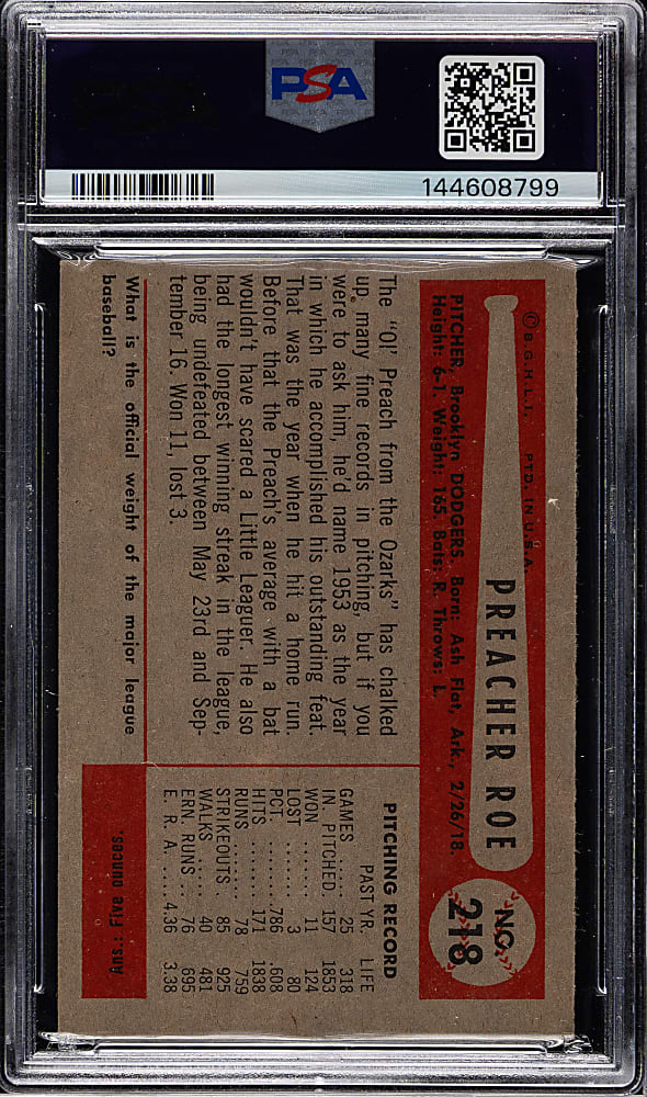 1954 Bowman #218 Preacher Roe PSA NM 7