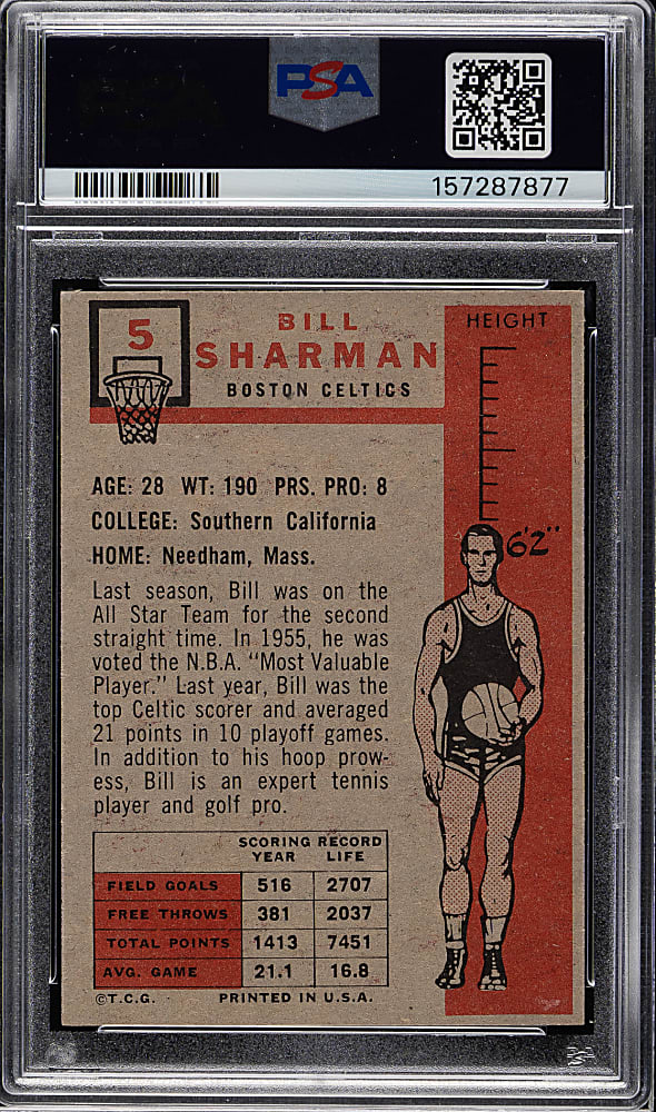 1957-1958 Topps Basketball #5 Bill Sharman Rookie PSA EX-MT 6