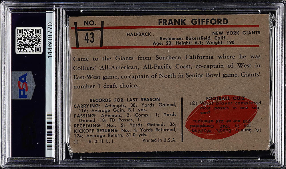 1953 Bowman Football #43 Frank Gifford Short Print PSA VG-EX 4