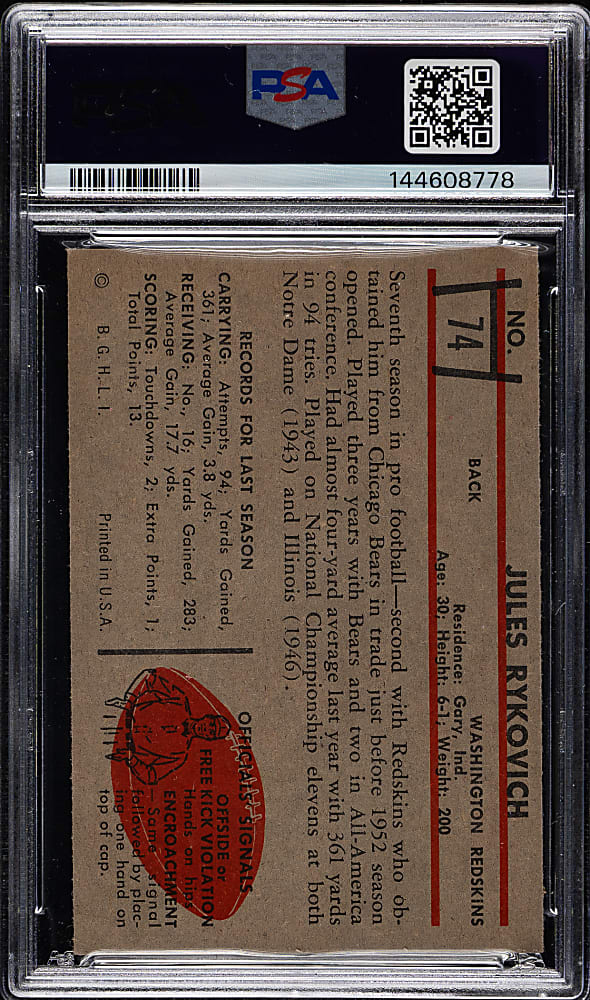 1953 Bowman Football #74 Jules Rykovich PSA NM-MT 8