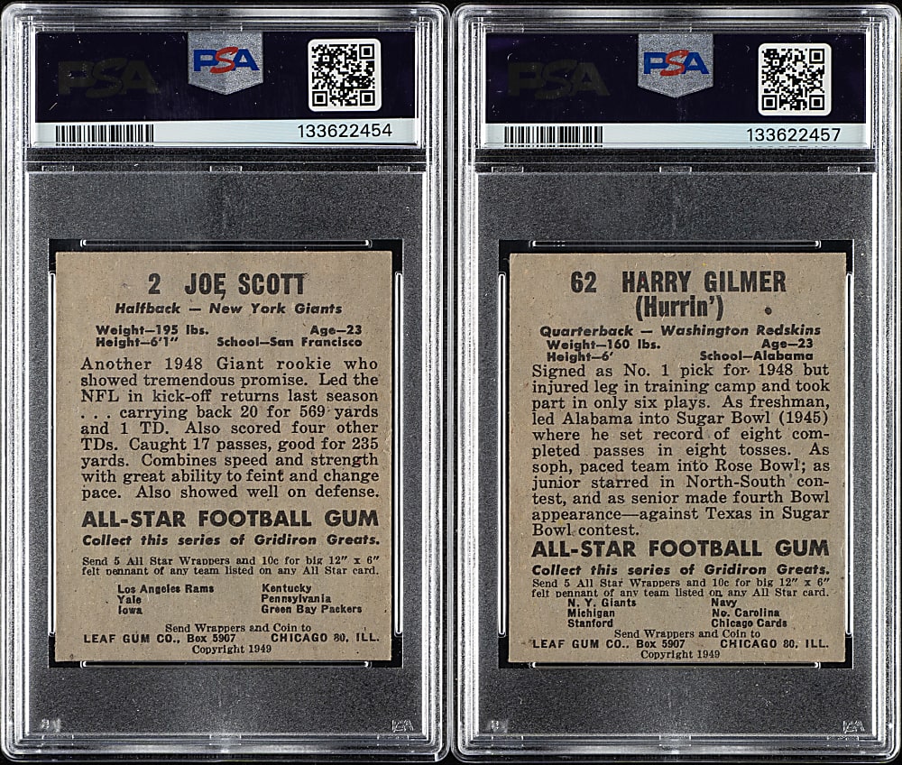 1949 Leaf Football #2 Joe Scott and #62 Harry Gilmer PSA-Graded Pair