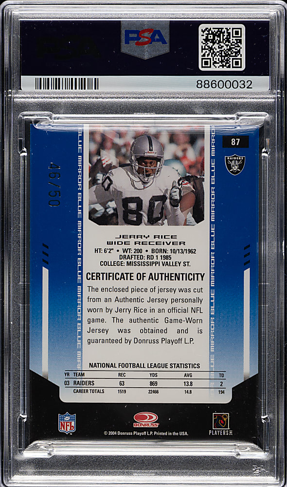 2004 Leaf Certified Football Materials #87 Jerry Rice Mirror #46/50 PSA NM-MT 8