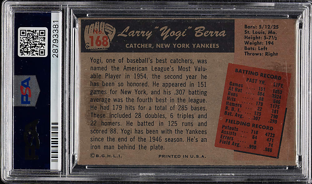 1955 Bowman #168 Yogi Berra PSA EX-MT 6 (MC)