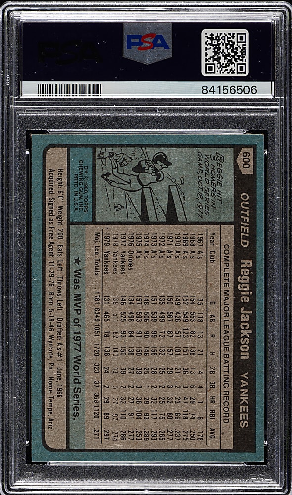 1980 Topps #600 Reggie Jackson PSA MINT 9