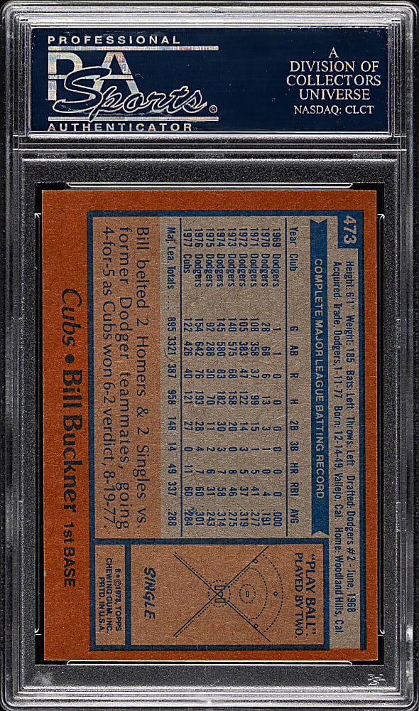 1978 Topps #473 Bill Buckner PSA GEM MINT 10