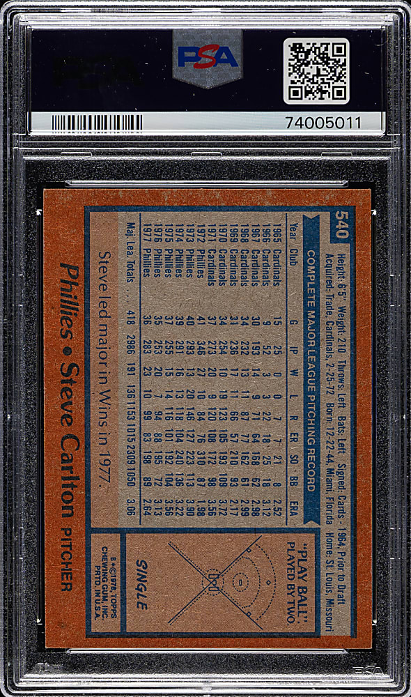 1978 Topps #540 Steve Carlton PSA GEM MINT 10