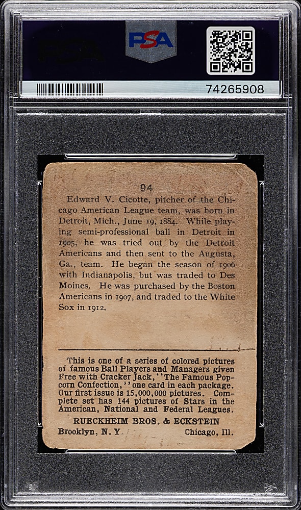 1914 E145 Cracker Jack #94 Eddie Cicotte PSA Authentic