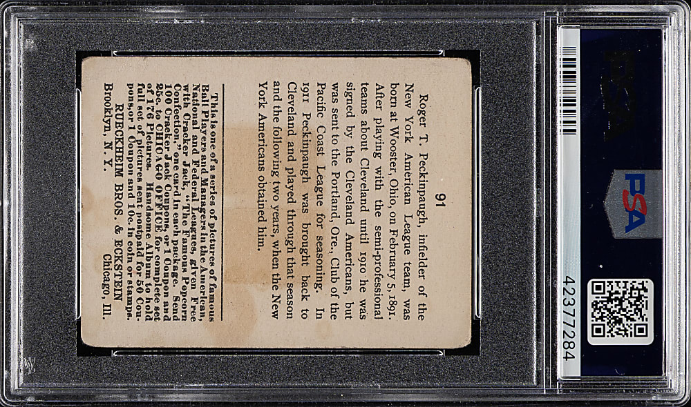 1915 E145 Cracker Jack #91 Roger Peckinpaugh PSA GOOD 2