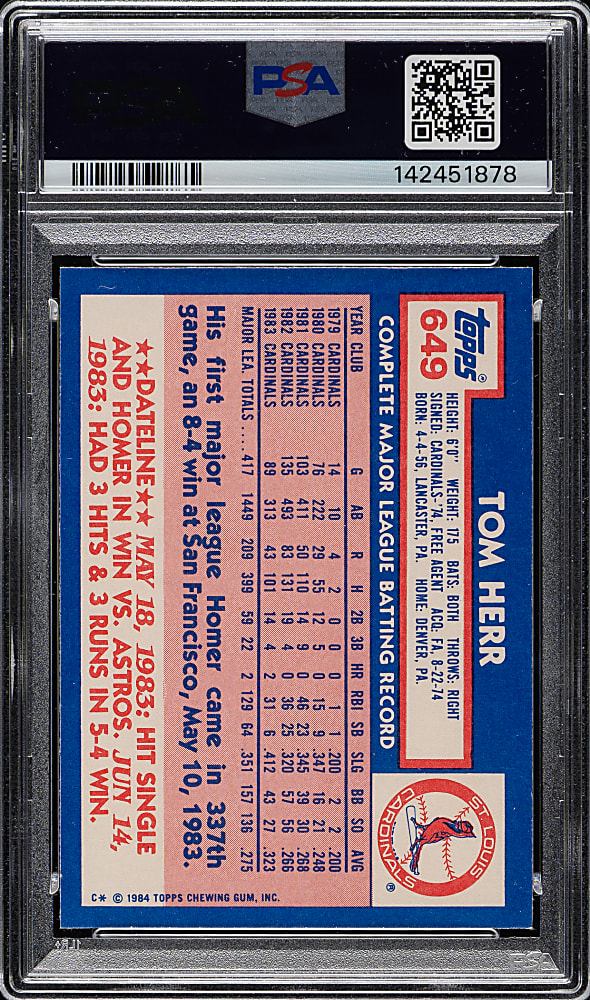 1984 Topps Tiffany #649 Tom Herr PSA GEM MINT 10