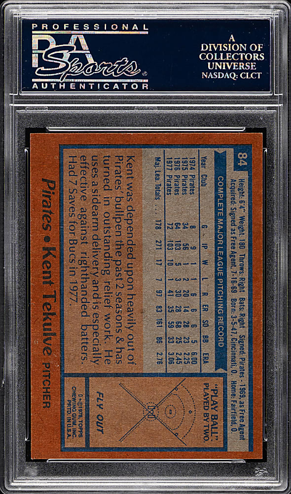 1978 Topps #84 Kent Tekulve PSA GEM MINT 10