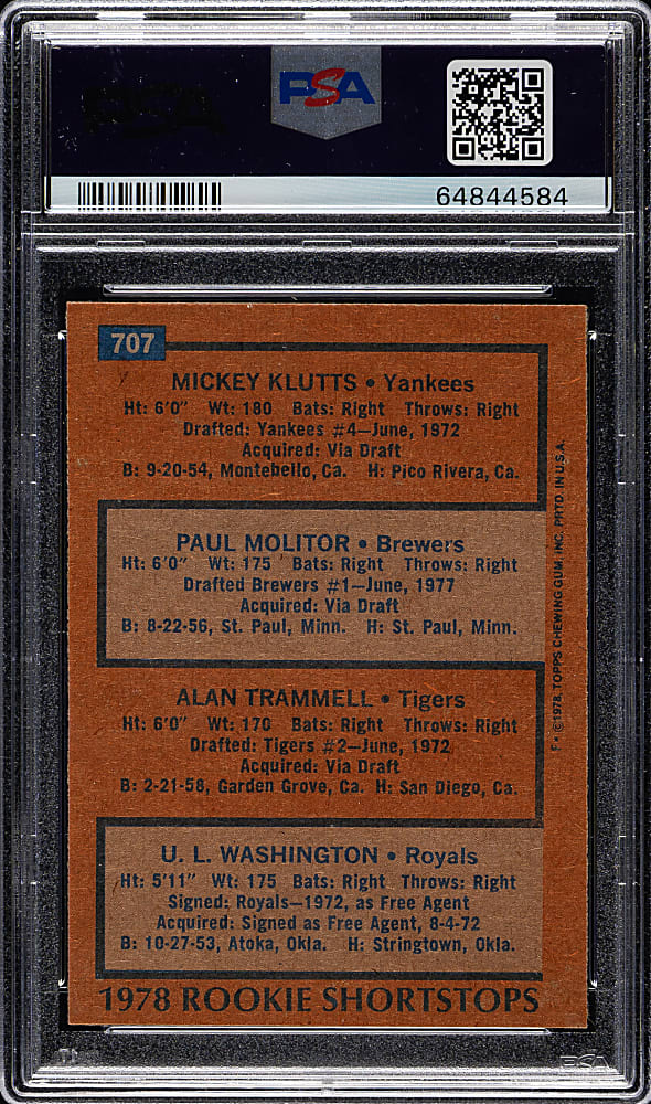 1978 Topps #707 Paul Molitor and Alan Trammell Rookie PSA NM-MT+ 8.5
