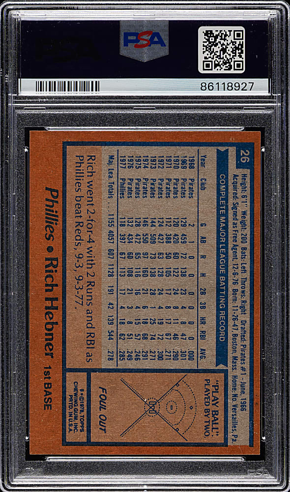 1978 Topps #26 Rich Hebner PSA GEM MINT 10