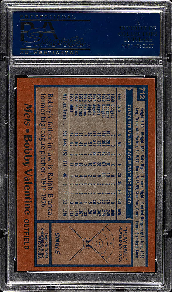 1978 Topps #712 Bobby Valentine PSA GEM MINT 10
