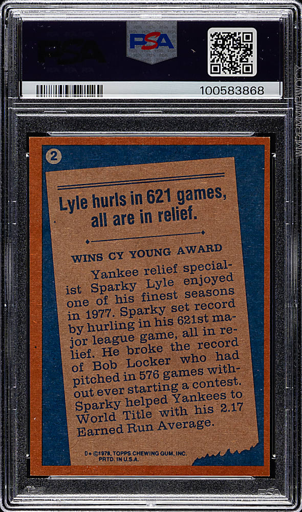 1978 Topps #2 Sparky Lyle PSA GEM MINT 10