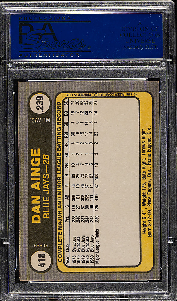1981 Fleer #418 Dan Ainge PSA GEM MINT 10