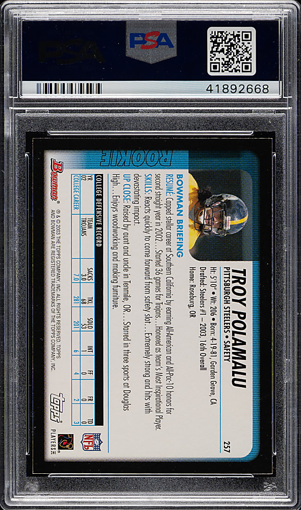 2003 Bowman Football #257 Troy Polamalu Rookie PSA MINT 9