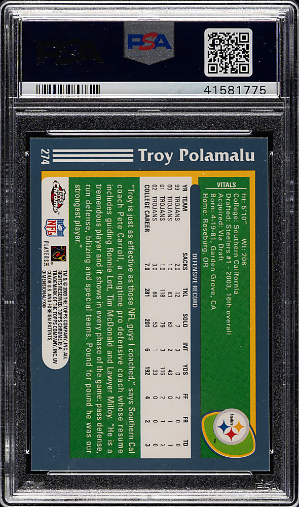 2003 Topps Chrome Football #274 Troy Polamalu Rookie PSA MINT 9