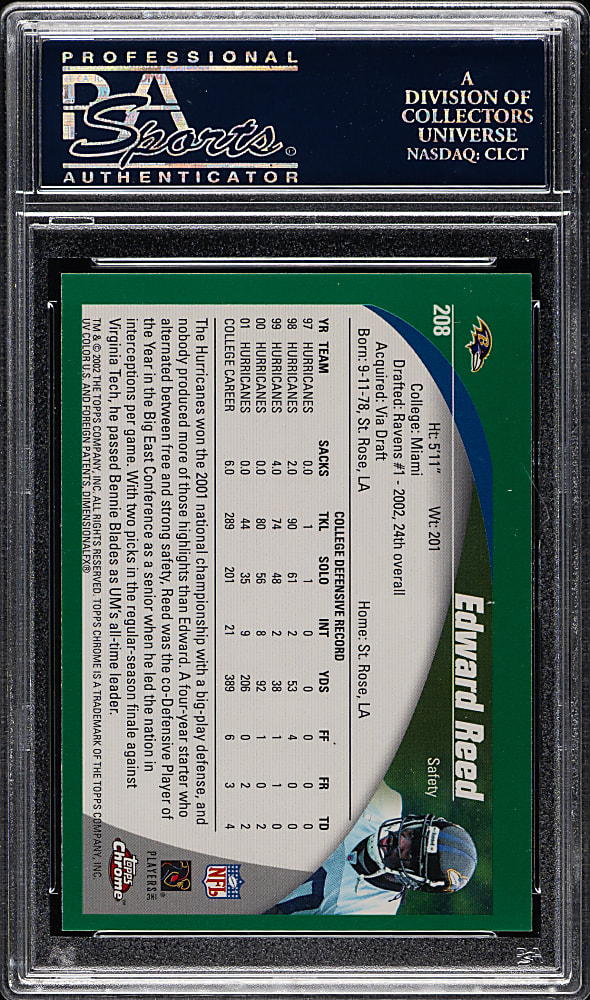 2002 Topps Chrome Football #208 Ed Reed Rookie PSA GEM MINT 10