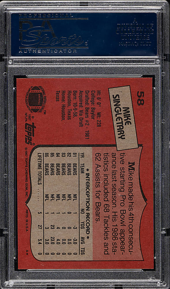 1987 Topps Football #58 Mike Singletary PSA GEM MINT 10