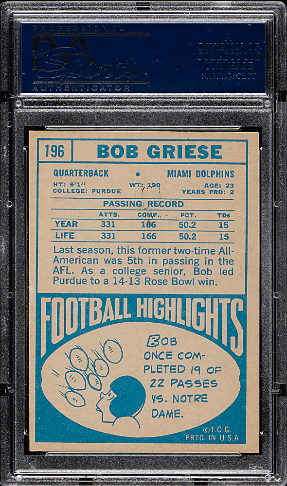 1968 Topps Football #196 Bob Griese Rookie PSA NM 7