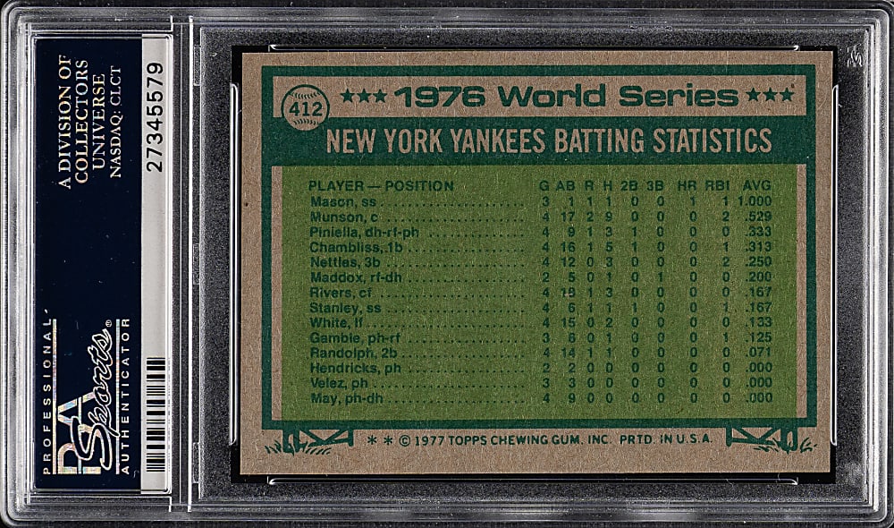 1977 Topps #412 World Series Game 3 and 4 with Johnny Bench PSA MINT 9