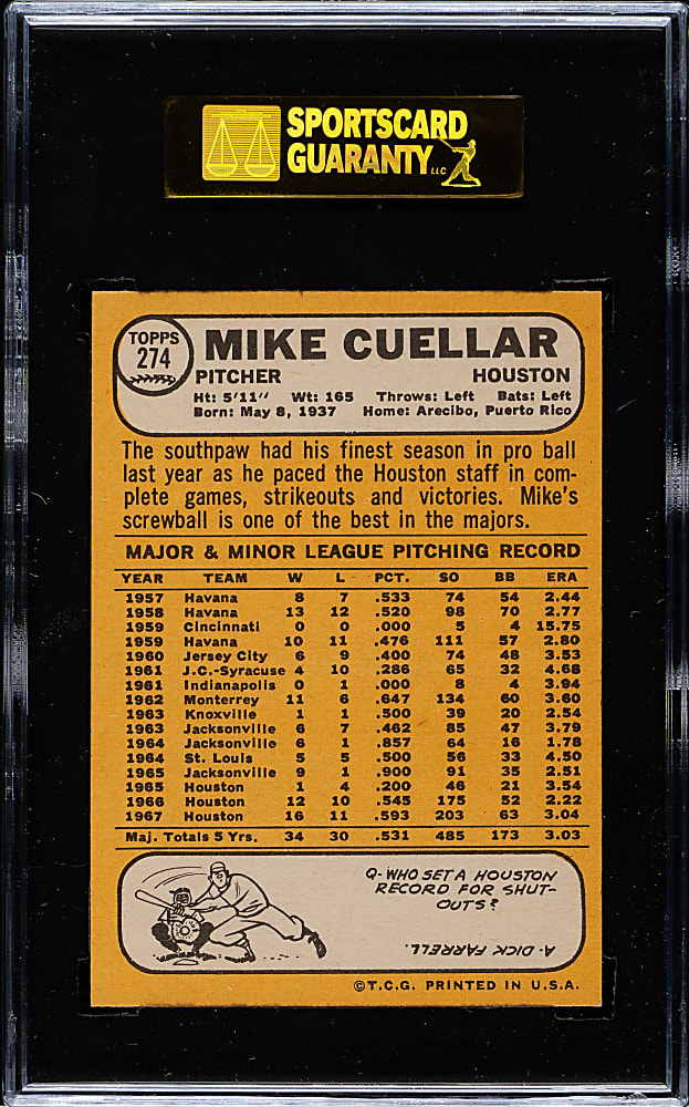 1968 Topps #274 Mike Cuellar SGC MINT 96