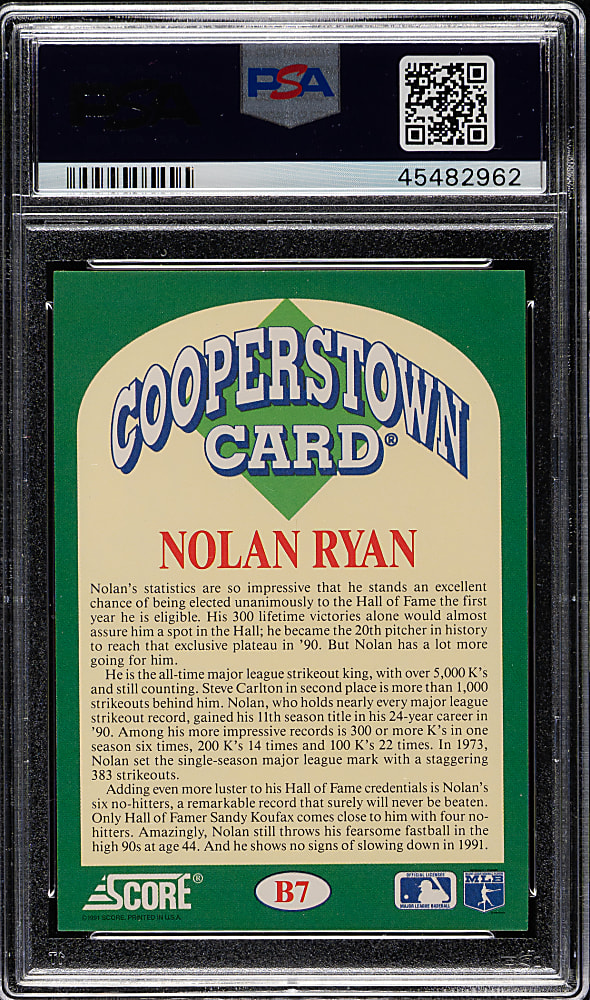 1991 Score Cooperstown #B7 Nolan Ryan PSA GEM MINT 10
