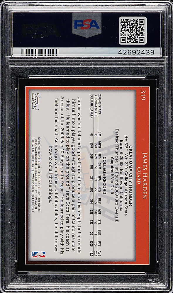 2009-2010 Topps Basketball #319 James Harden Rookie PSA MINT 9