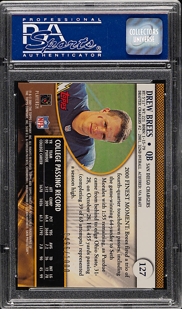 2001 Topps Finest Football #127 Drew Brees Rookie PSA GEM MINT 10