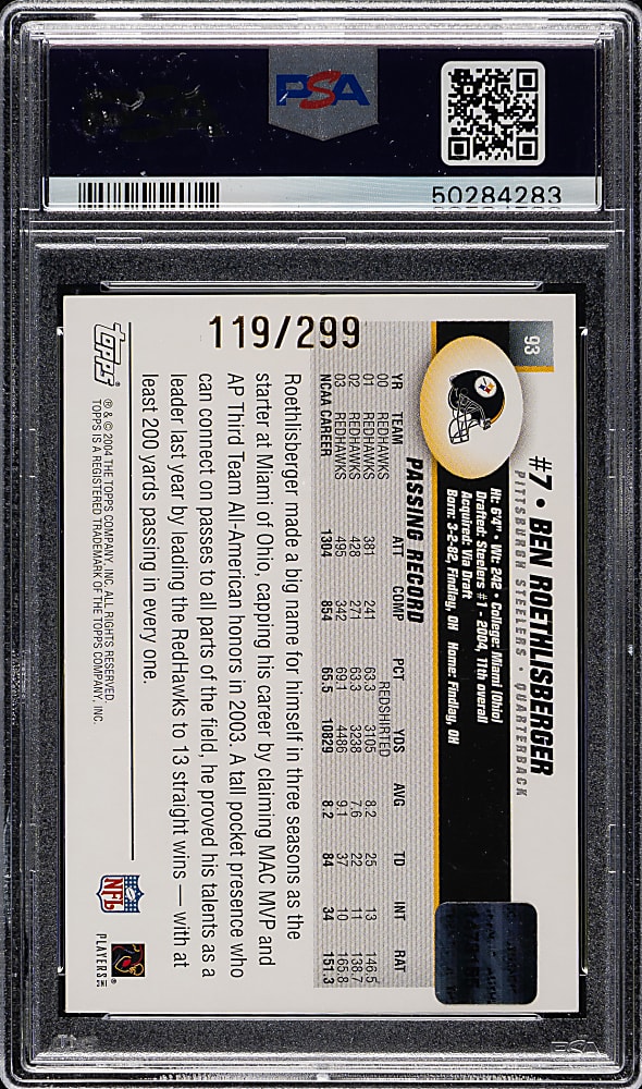 2004 Topps Signature Edition Autographs Football #93 Ben Roethlisberger Rookie #119/299 PSA NM-MT 8