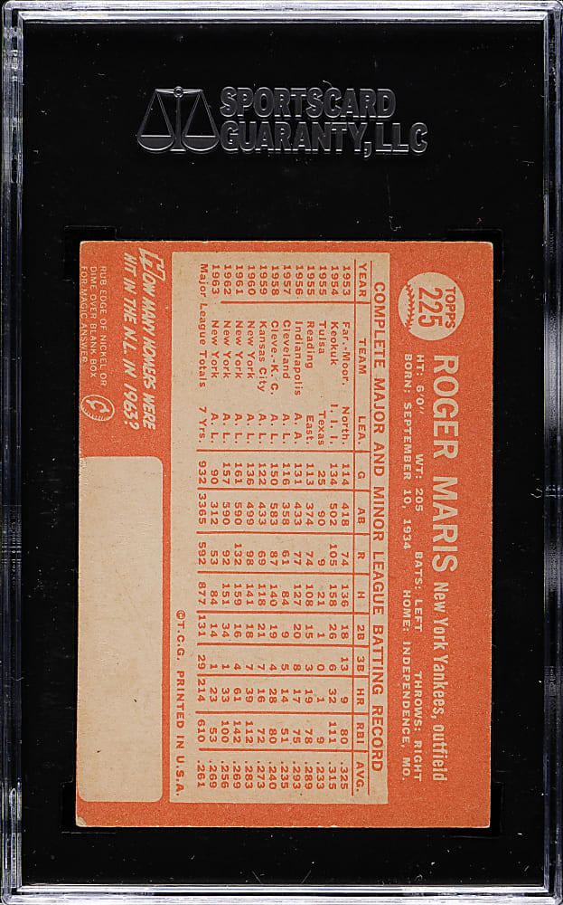 1964 Topps #225 Roger Maris SGC EX 60