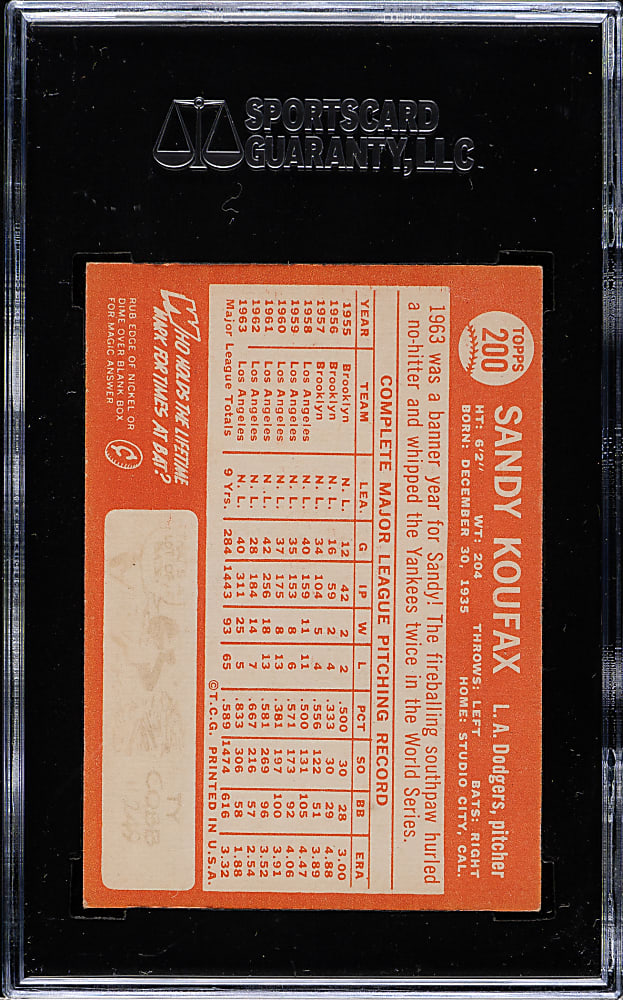 1964 Topps #200 Sandy Koufax SGC EX/NM 80