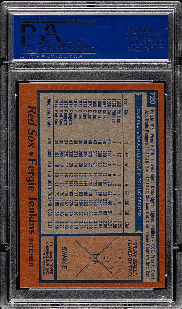 1978 Topps #720 Fergie Jenkins PSA GEM MINT 10