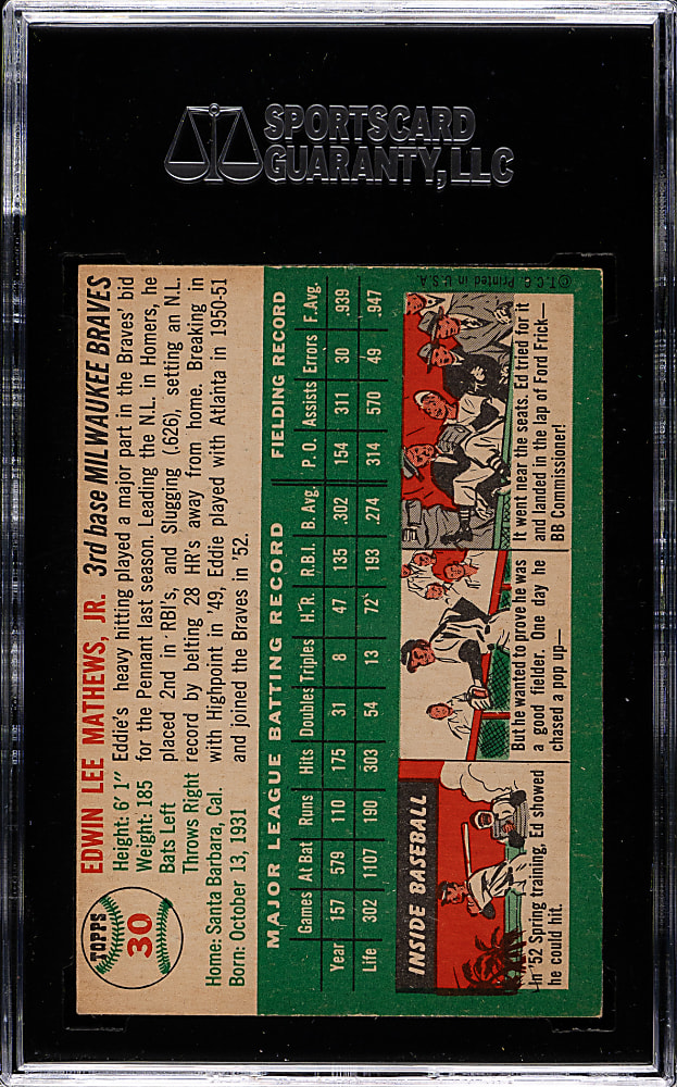 1954 Topps #30 Eddie Mathews SGC EX/NM 80