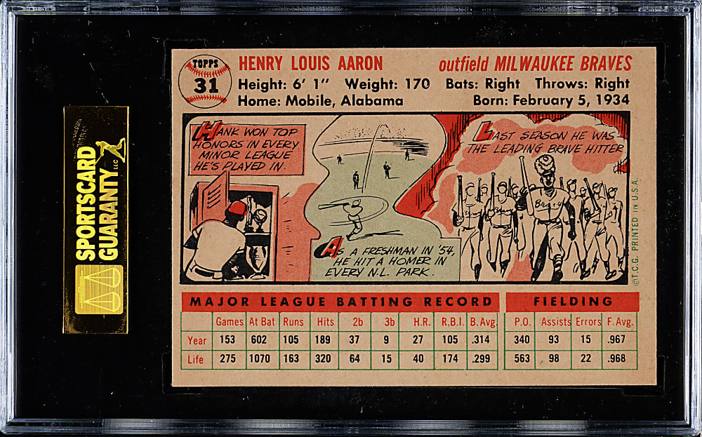 1956 Topps #31 Hank Aaron White Back SGC EX/NM 80
