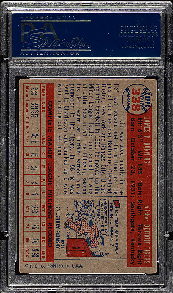 1957 Topps #338 Jim Bunning Rookie PSA VG-EX 4