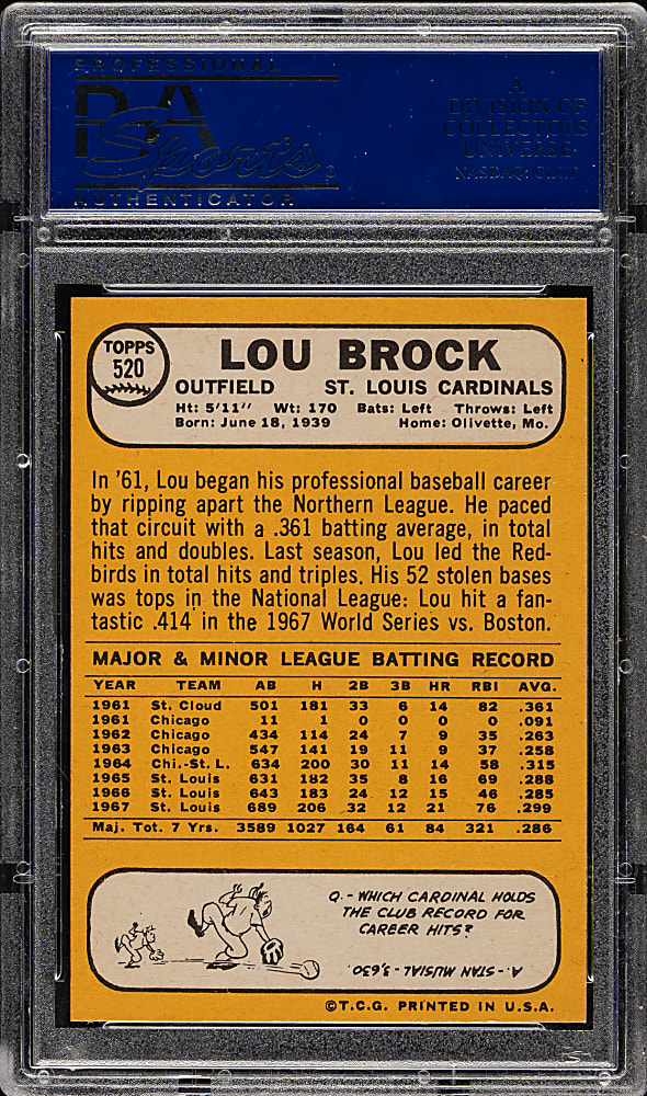 1968 Topps #520 Lou Brock PSA NM-MT 8