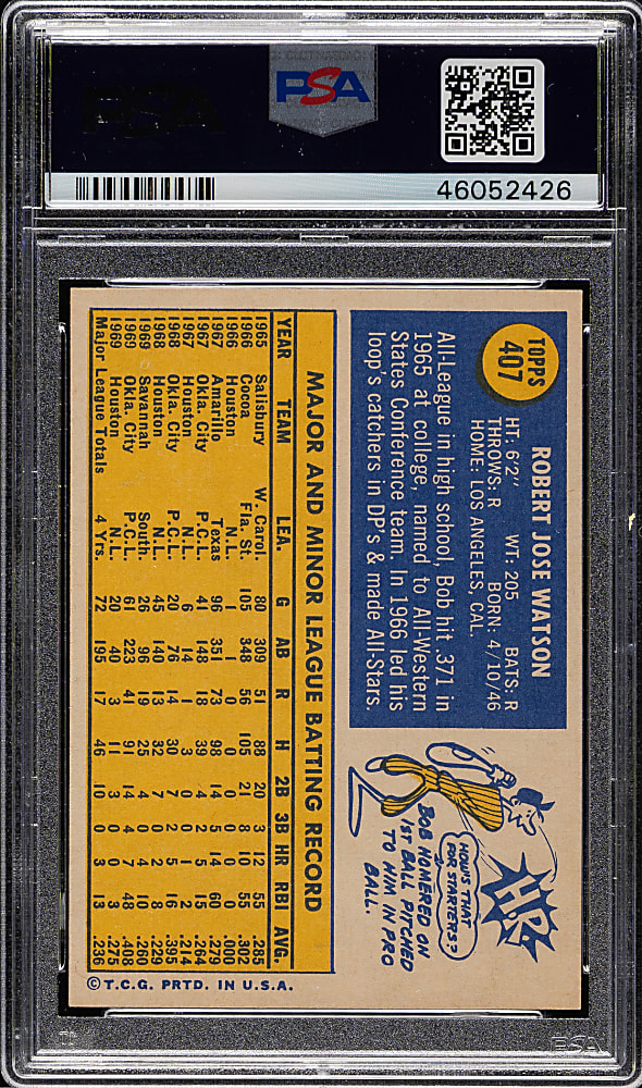1970 Topps #407 Bob Watson PSA MINT 9