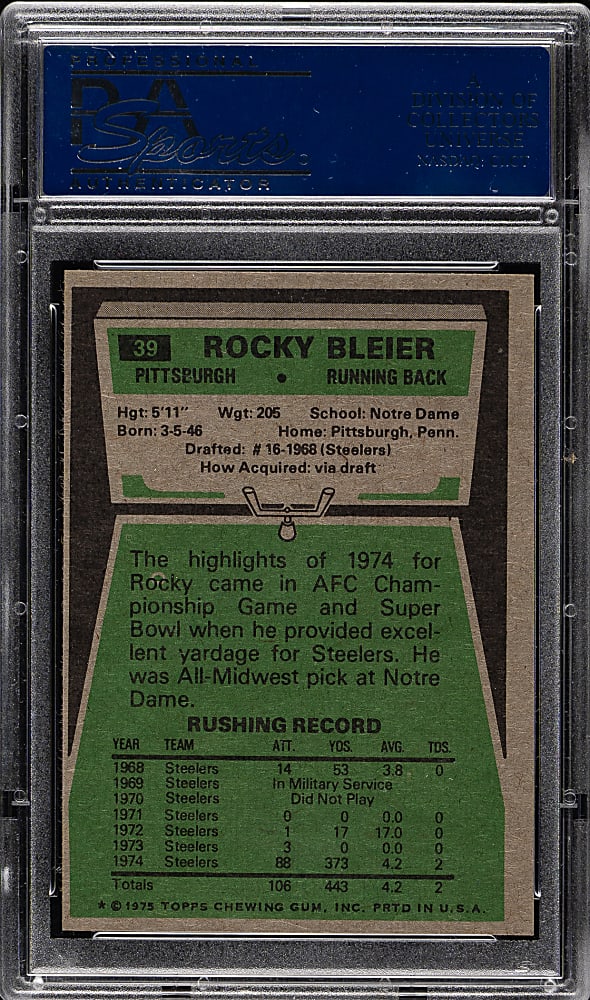 1975 Topps Football #39 Rocky Bleier Rookie PSA MINT 9
