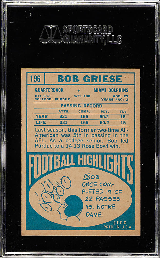 1968 Topps Football #196 Bob Griese Rookie SGC NM 84