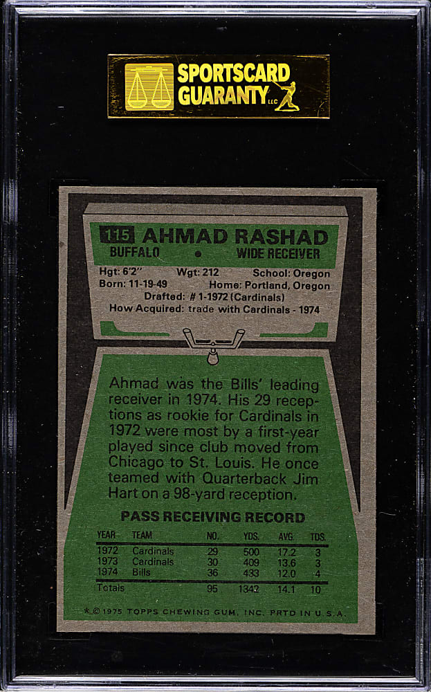 1975 Topps Football #115 Ahmad Rashad SGC NM/MT+ 92