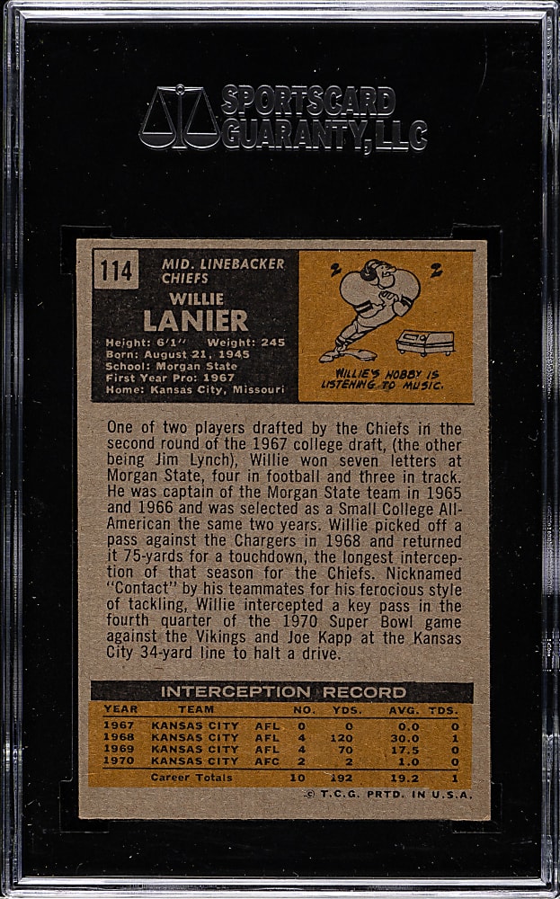 1971 Topps Football #114 Willie Lanier Rookie SGC NM/MT 88