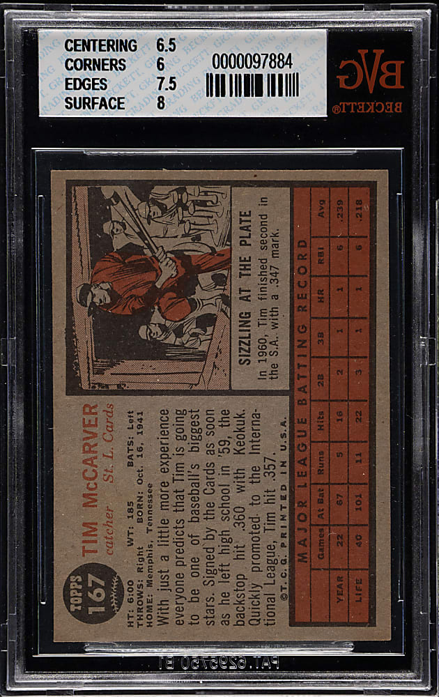 1962 Topps #167 Tim McCarver Rookie BVG EX-MT+ 6.5