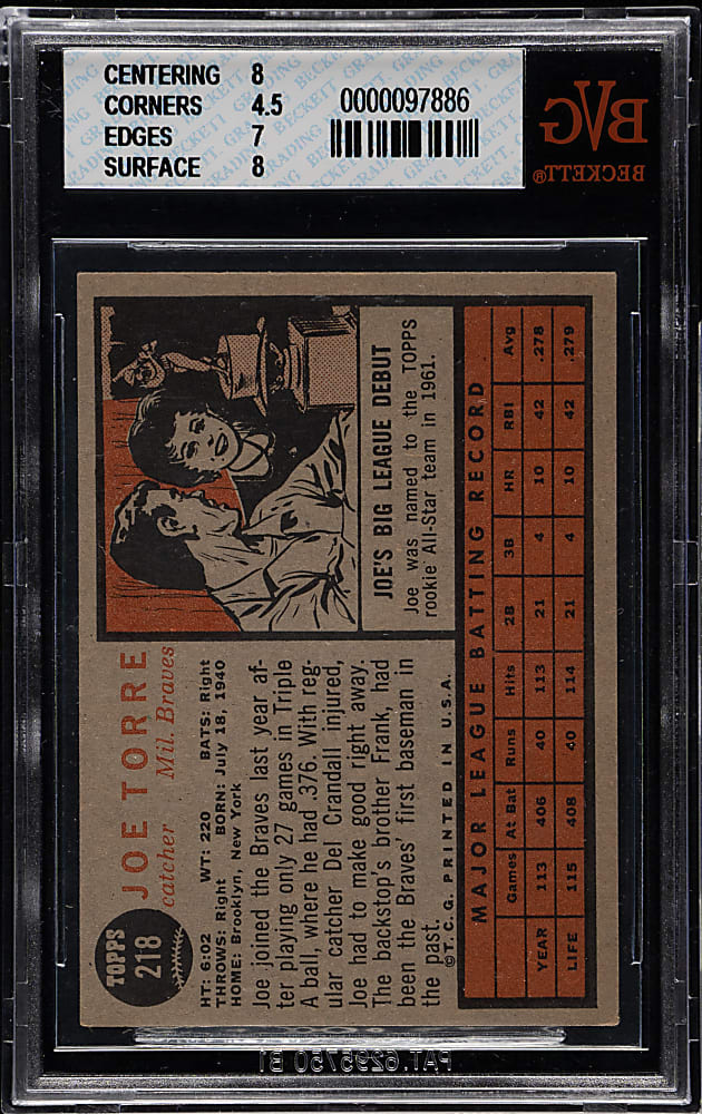 1962 Topps #218 Joe Torre Rookie BVG EX 5