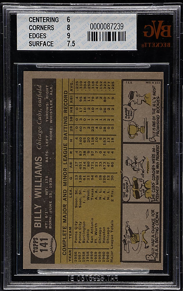 1961 Topps #141 Billy Williams Rookie BVG EX-MT+ 6.5