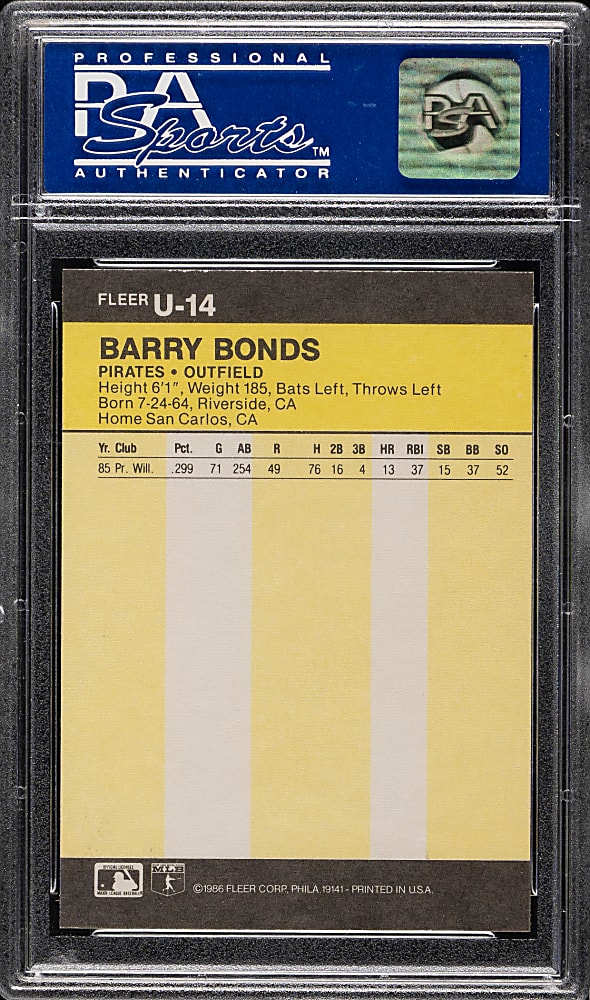 1986 Fleer Update #U-14 Barry Bonds Rookie PSA MINT 9