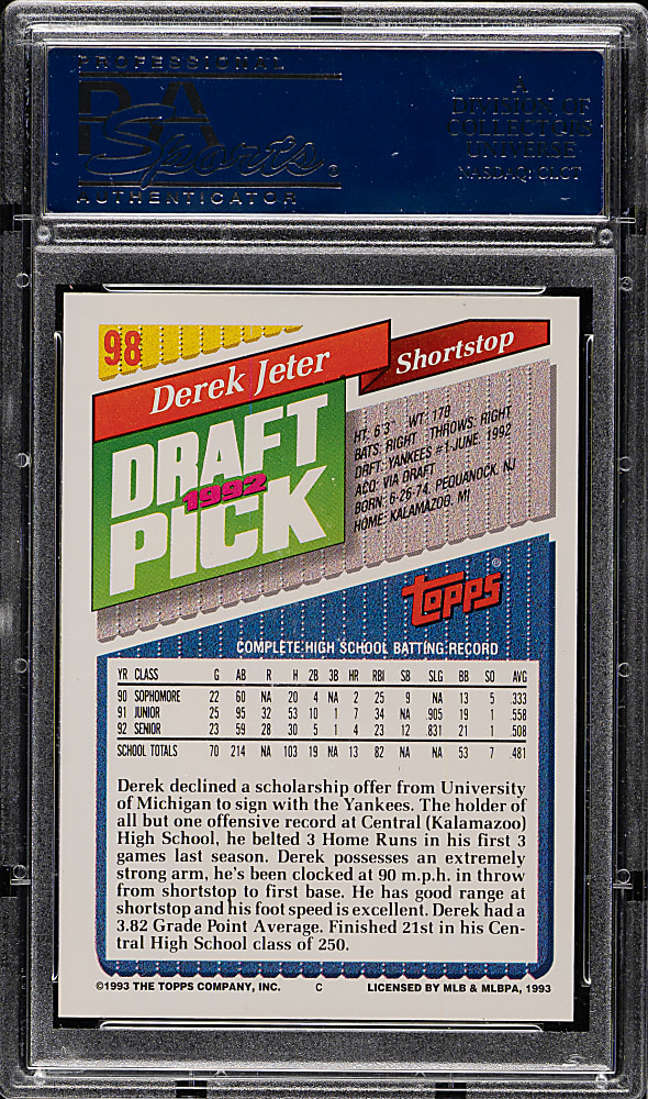1993 Topps Gold #98 Derek Jeter Rookie PSA MINT 9